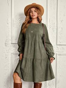 EMERY ROSE Plus Size Green Color Long Sleeve Casual Dress, Autumn/Winter,2025 New, Thanksgiving, Thanksgiving Outfit For Women - Army Green - View 4