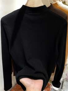 Resyla Plus Size Women's Solid Color Stand Collar Hollow Out Long Sleeve Fitted Sweater, Autumn/Winter - Black - View 2