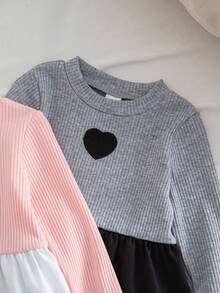 2pcs/Set Baby Girls' Cute Simple Heart Embroidery Elastic Ribbed Splice Ruffle Hem Long Sleeve T-Shirt, Pink & Gray Combo - Multicolor - View 5