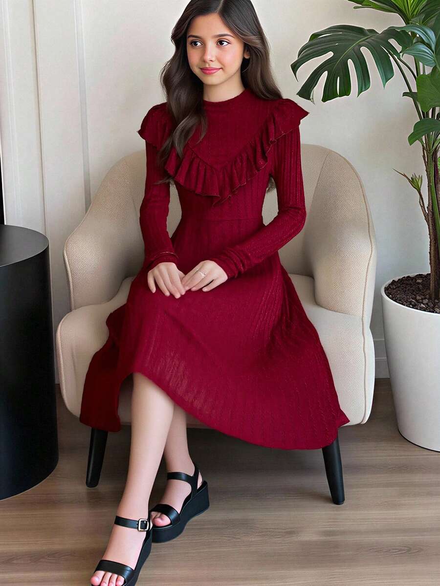 Gaun Midi Anak Perempuan Remaja Elegan dengan Kerah Tegak, Tekstur Rajutan Aran Stitch, Hem Bergelombang, Model Fit & Flare, Warna Merah Anggur, Cocok untuk Natal, Halloween, Tahun Baru - Burgundy - View 1