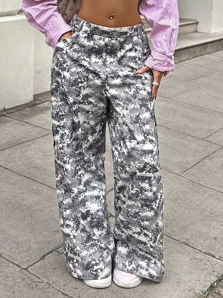 StreetHx Quần ống đứng dáng rộng in họa tiết pixel ngụy trang màu xanh quân đội thu/đông cho nữ phong cách đường phố Y2K 2000 Baddie Punk Rock - Nhiều màu - Xem 1