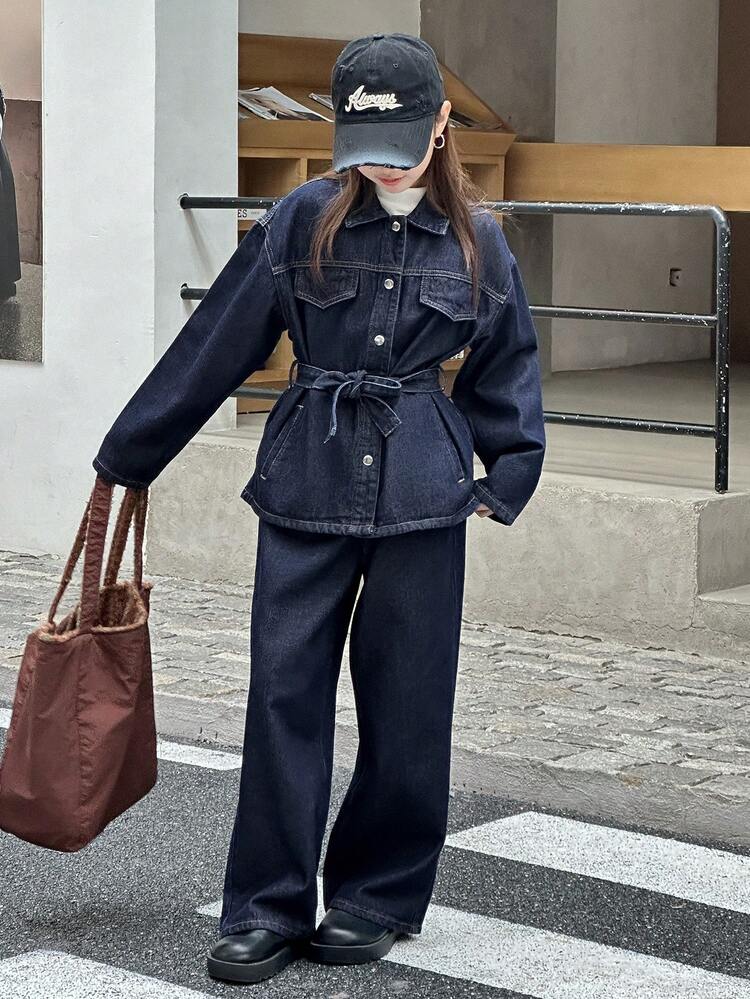 2pcs Tween Girls Denim Jacket + Wide Leg Jeans Set, Fall Outfit