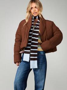 MISSGUIDED Cropped Puffer Jacket With Quilted Design Winter Outerwear Stand Collar Zip Closure - Coffee Brown - View 6