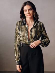 Anewsta Asymmetric Zebra Striped Metallic Chiffon Water Print Collared Long Sleeve Blouse - Multicolor - View 4