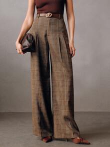 Anewsta New Elegant Retro Plaid Loose Casual Women Suit Pants - Brown - View 1