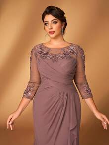 Serin 大码女士优雅灰粉色雪纺圆领薄纱长袖褶皱亮片贴花装饰美人鱼裙摆连衣裙，适合新娘/新郎母亲出席婚礼、正式活动、派对等场合。 - 藕粉色 - 查看 5