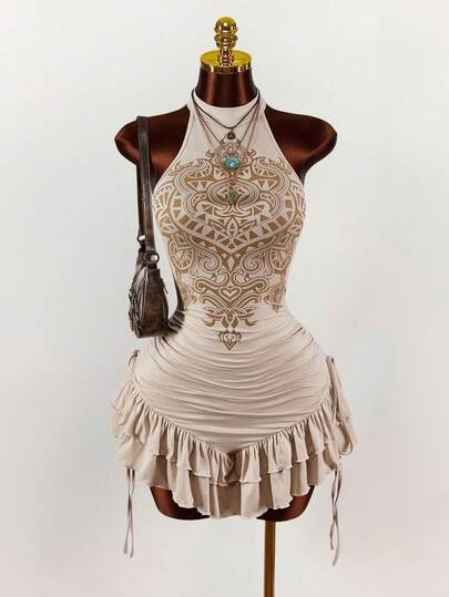  Y2K Amplova Ruffled High Neck Asymmetrical Hem Cinched Waist Mini Dress Goddess Dress Slaydiva Dress Gatsby Style Dress Dance Dress Luxury Dress Christmas Outfit For Women New Year Dress