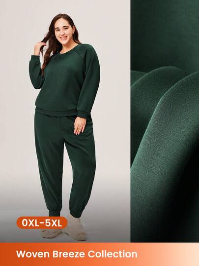 LUVLETTE Plus Size Grön Vintertröja med Rund Halsringning och Byxor Nattkläder Basics Pyjamasset Casual Bekväma Outfits Träningskläder Underkläder Som Ytterkläder Höstpyjamas