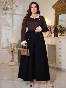 Modelyn 大码女式纯色高腰纽扣阔腿宽松休闲裤 - 黑色 - 查看 1