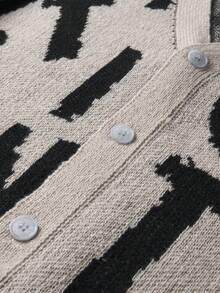 Men's Letter Pattern Long Sleeve Single-Breasted Casual Knit Cardigan, Autumn/Winter - Khaki - View 3