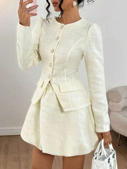 Gloray Women's Bubble Sleeve Single-Breasted Jacket And Midi Skirt Elegant 2 Pieces Set