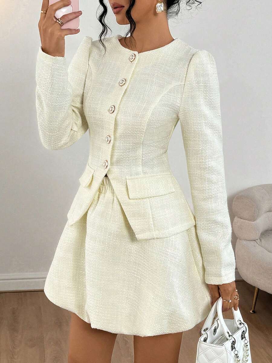 Gloray 女士泡泡袖单排扣外套和中长裙优雅两件套 - 米色 - 查看 1