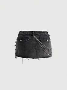 ROMWE Grunge Punk Kpop朋克金属铆钉链条做旧水洗迷你牛仔裙 - 黑色 - 查看 8