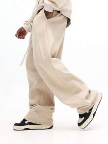 SUMWON Pantalones de chándal de pierna ancha con pliegues, ajuste relajado, pantalones de estar por casa con cordón en la cintura, uso casual diario, estilo de calle, cómodos y lisos - Albaricoque - Ver 5