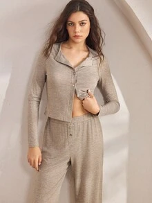 Ocili Comfortable Striped Cotton Soft Minimalist Long Sleeve Top & Long Pants Shell Button Front Women Lounge Set, Winter Clothes - Khaki - View 5