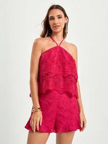 CAJUNI Quần short thường ngày màu hồng fuchsia thêu viền nhún bèo phong cách Bohemian dành cho nữ, mùa hè - Màu Hồng Tươi - Xem 7