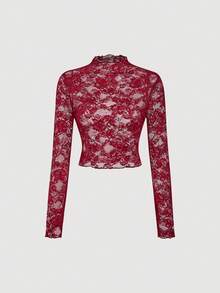SHEIN MOD 两件装女士蕾丝透视长袖红黑上衣 - 紅色和黑色 - 查看 4
