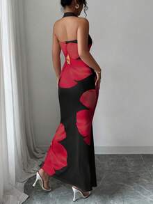 SHEIN PETITE Women's 2025 Summer Halter Tie Waist Slim Fit Printed Mid-Length Dress