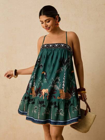 Travachic Plus Size Tropical Green Animal & Plant Print Sleeveless Short Dress, Casual Holiday Outfit