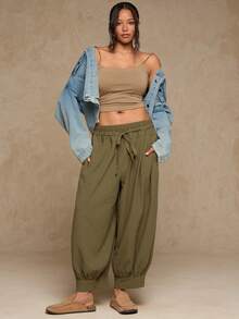 Freevana 大码休闲宽松灯笼裤，带口袋，女士长款纯棉裤 - 軍綠色 - 查看 6