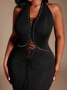 Radiana Plus Size Women's Sexy Deep V Eyelet Lace-Up Bodycon Fishtail Dress, Suitable For Street Style, Going Out, Party, Rave Sexy Curve Dress Slay Diva Dress Hollow Out Black Dress,Suitable For Hip-Hop,Leisure,Street Style,Western Wear,Music Festival,Vintage,Minimalism,Concert,Carnival Party,Resort,Outing,Vacation,Holiday,Date Night,Gathering,Birthday,Bachelorette Party Outfit,Gyaru,Break,Rave,Modest,Chic,Club,Cute,Casul,Shopping, Streetwear,Going Out,Y2K,Y3K,Coquette - Black - View 2