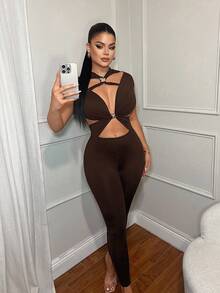 SHEIN SXY 女士性感简约纯色镂空金属装饰紧身连体裤 - 棕色 - 查看 5