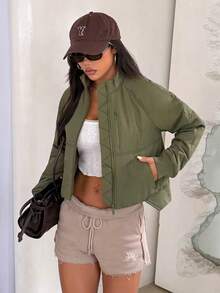 Gameset SHEIN Sport Women's Casual Everyday Commute Simple Solid Color Zip-Up Sports Padded Coat, Autumn/Winter - Army Green - View 6