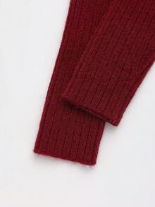 SHEIN LUNE Women's Elegant Solid Color High Neck Ruffle Hem Metal Button Decoration Sweater, Autumn/Winter - Burgundy - View 6