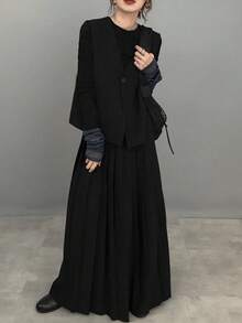 FRIFUL 女式深灰色纯色无袖上衣和百褶裙两件套，秋季 - 黑色 - 查看 3