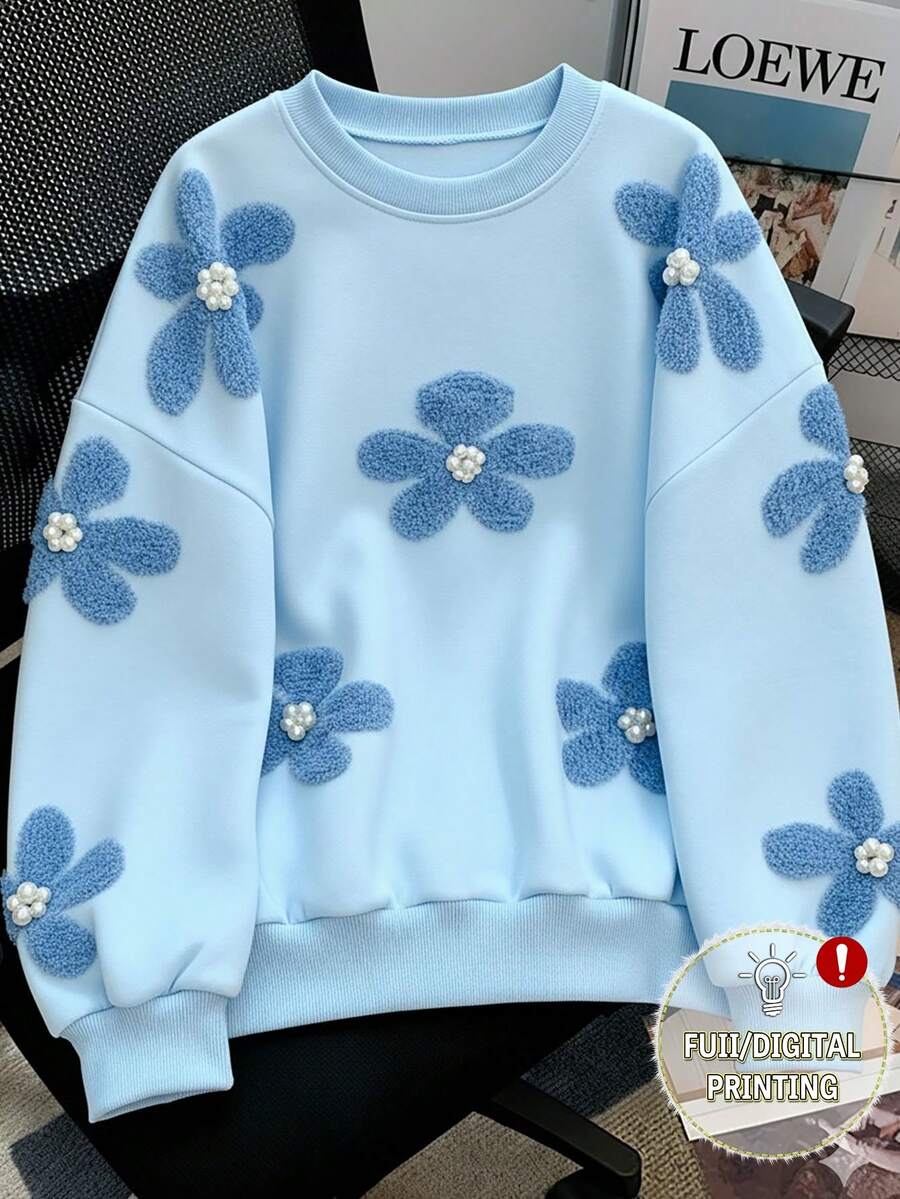 Resyla Women's Faux Pearl Floral Digital Print Crew Neck Sweatshirt - Multicolor - View 1