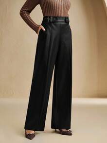 Quần ống đứng dáng ôm màu đen bằng da giả của Anewsta dành cho nữ, có thắt lưng, thích hợp cho ngày Valentine và mùa xuân hè. - màu đen - Xem 4