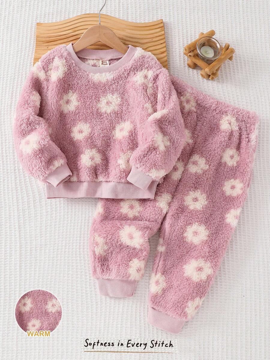 Cozy Pixies 两件套：女童柔软针织圆领长袖套头卫衣和松紧腰长裤 - 淡紫色 - 查看 1