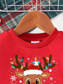 两件套男婴圣诞驯鹿印花针织卫衣上衣和裤子套装，适合秋冬季外出和休闲穿着 - 紅色 - 查看 7