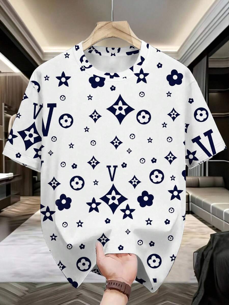 Manfinity Dauomo Áo thun nam họa tiết hoa cổ điển màu xanh navy cổ điển thời trang giản dị - trắng - Xem 1