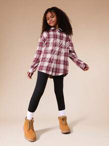 SUMWON Tween Plaid Button Down Shirt With Long Sleeves And Collared Neckline For School And Casual Wear Vacation - Burgundy - View 3