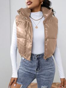 SHEIN EZwear 时尚百搭纯色无袖夹克，秋冬 - 卡其色 - 查看 5