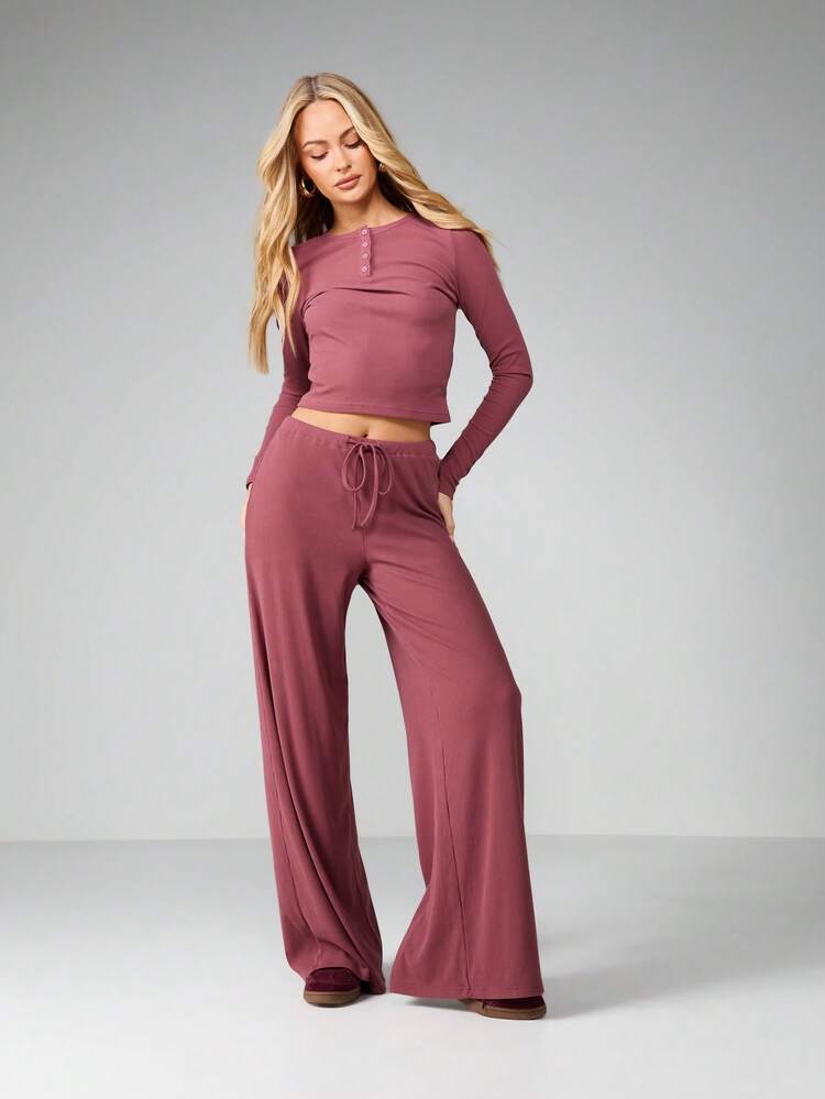 MISSGUIDED Ribbed Lounge Set Long Sleeve Henley Top Wide Leg Palazzo Pants Matching Coordinated Two Piece Outfit