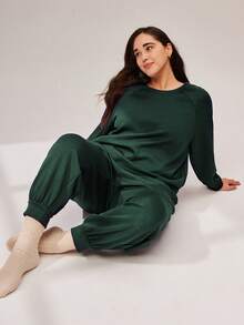 LUVLETTE Plus Size Green Winter Crewneck Pullover & Pants Sleepwear Basics Pajama Set Casual Comfy Outfits Activewear Lingerie As Outerwear Fall Pajamas - Green - View 6
