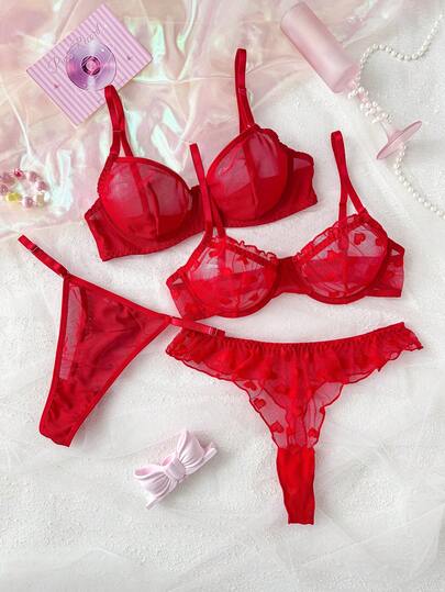 PetitDoll 4pcs Red Sexy Sheer Lingerie Set