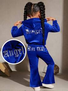 SHEIN 时尚可爱的女婴 2 件套水钻字母图案天鹅绒连帽衫和喇叭裤、运动裤、服装、可爱、休闲和复古，非常适合夏季和秋季休闲和日常穿着和学校日常穿着，适合圣诞节 - 藏蓝色 - 查看 2