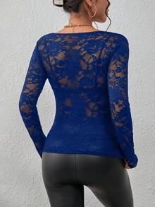 SHEIN Tall CURVE 大码女式花卉蕾丝边V领长袖修身衬衫 - 藏蓝色 - 查看 2