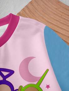 Teletubbies X SHEIN Baby Girl Colorblock Cartoon Pattern Round Neck Sweatshirt