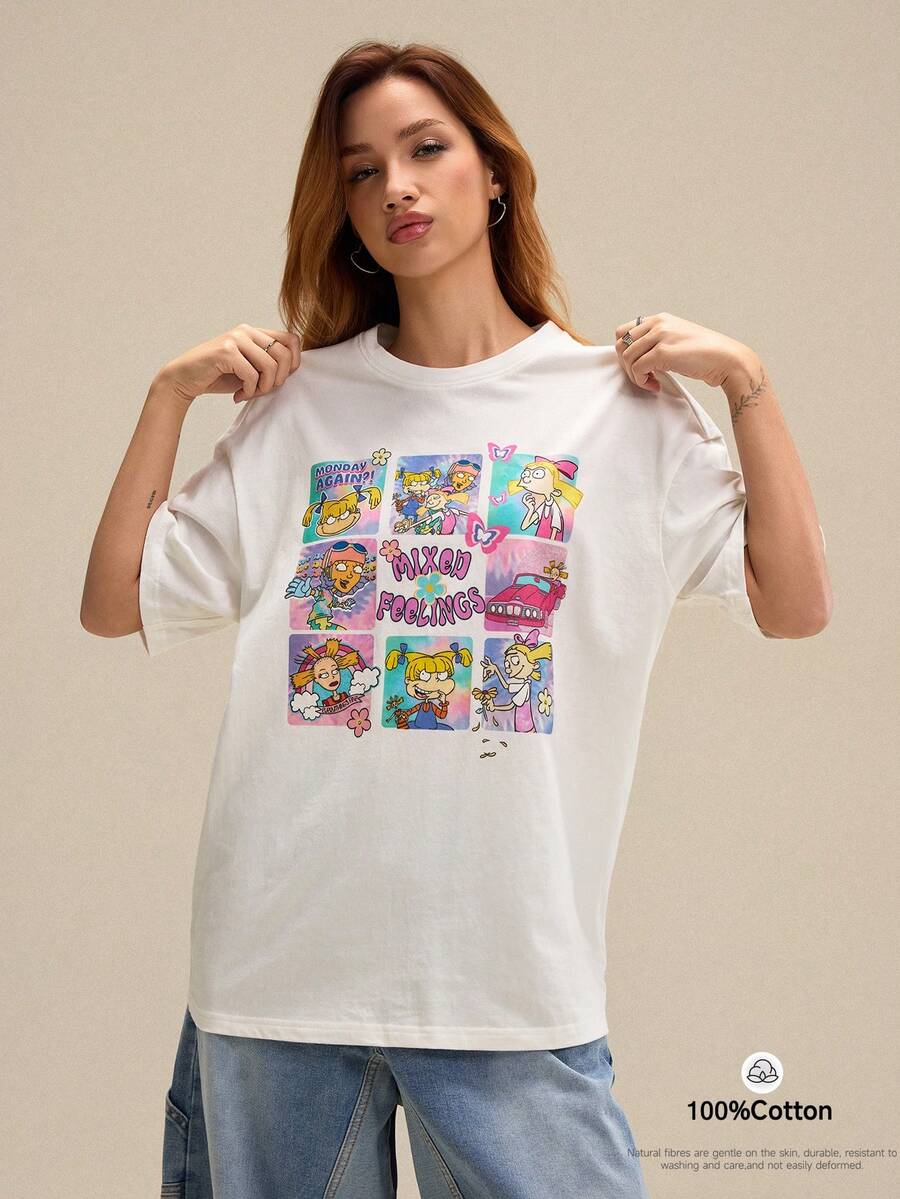 Nick 90s | SHEIN Women's Cartoon Figure Graphic Casual Round Neck Short Sleeve T-Shirt - White - View 1