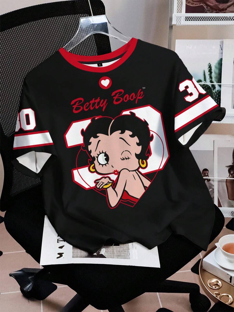 Betty Boop x SHEIN 女士休闲撞色卡通图案圆领短袖T恤，夏季 - 白色 - 查看 1