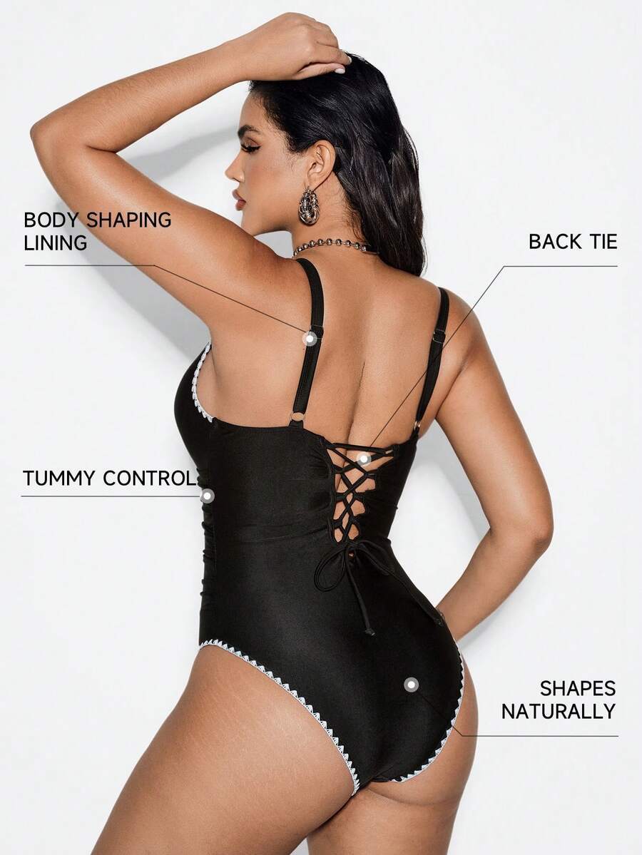 Shapewave 女士棕色系带露背连体泳衣，采用撞色花卉印花和深V领设计，腰部饰有褶皱，简约时尚的廓形，展现独特设计。 - 黑色 - 查看 1