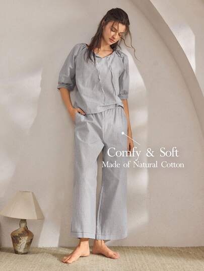 Ocili 舒适棉质条纹抽绳七分裤女士睡衣套装