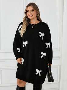 SHEIN CURVE+ 女士蝴蝶结图案圆领落肩长袖休闲毛衣连衣裙，秋冬蝴蝶结连衣裙/套头衫连衣裙/带蝴蝶结连衣裙/秋冬 - 黑色 - 查看 5