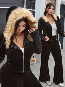 SHEIN EZwear Plus Size Casual Hooded Sweatshirt And Pants Two Pieces Set, Autumn,Fall /Autumn/Winter,Christmas,New Year,Thanksgiving,Party,Wedding,Beach,Elegant,Casual,Going Out,Date,Appointment,Commute