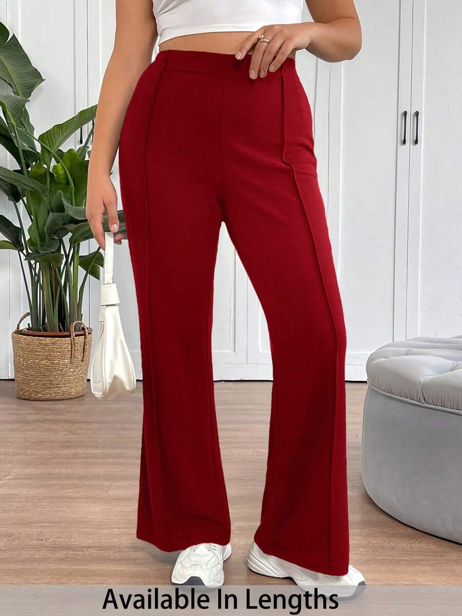 SHEIN Tall CURVE 大码女士简约日常喇叭裤套装 - 酒紅色 - 查看 1