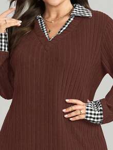 SHEIN LUNE Vestido casual holgado de manga larga a cuadros y de punto elástico en talla grande 2 en 1 - Café integral - Ver 10